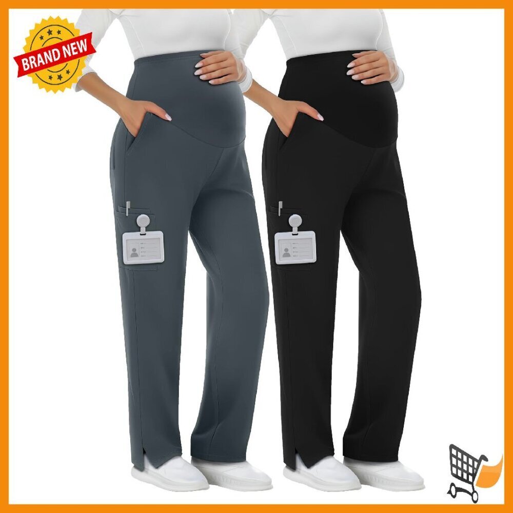 Maternity Scrub Pants 2 Pack Stretchy Straight Leg 6 Pocket Workwear